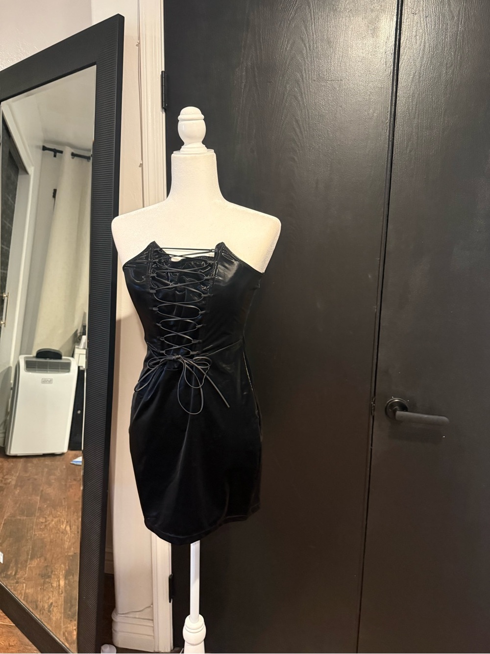 Strapless Black Lace-Up Mini Dress